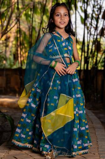 Blue printed chanderi lehenga set