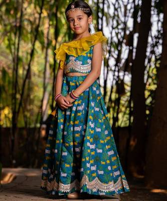 Blue printed chanderi lehenga set 3