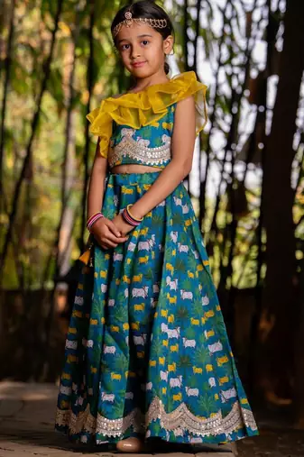 Blue printed chanderi lehenga set