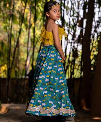 Blue printed chanderi lehenga set 4