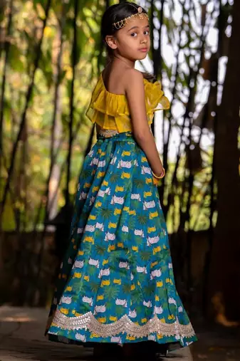Blue printed chanderi lehenga set