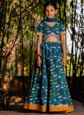 Blue printed chanderi lehenga set 1