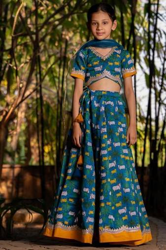 Blue printed chanderi lehenga set