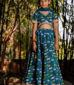 Blue printed chanderi lehenga set