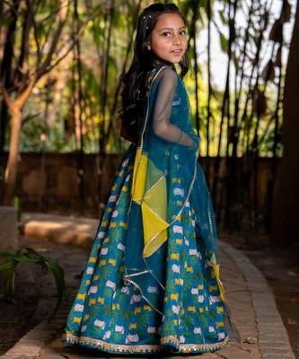 Blue printed chanderi lehenga set 4