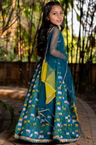 Blue printed chanderi lehenga set