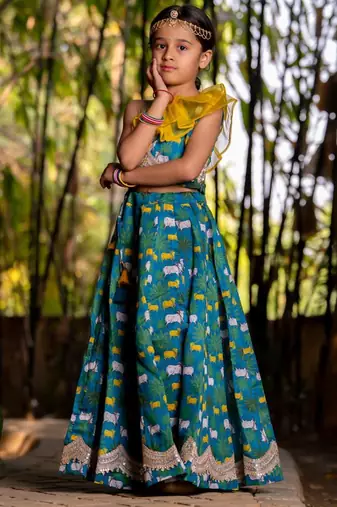 Blue printed chanderi lehenga set