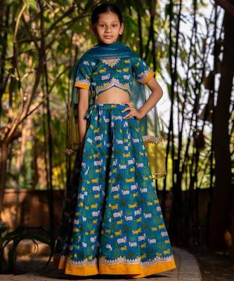 Blue printed chanderi lehenga set 2