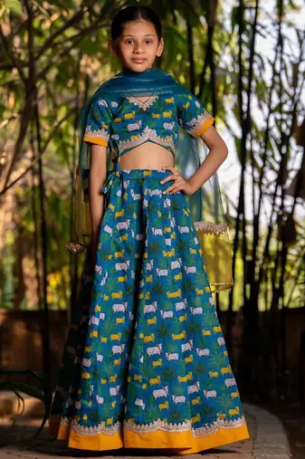 Blue printed chanderi lehenga set