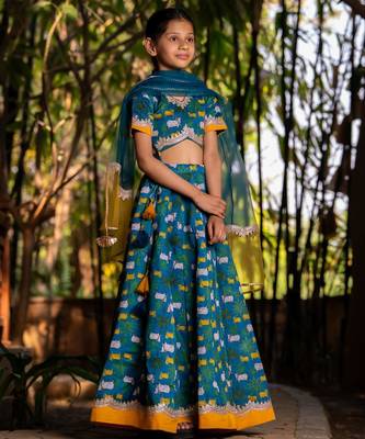 Blue printed chanderi lehenga set 3