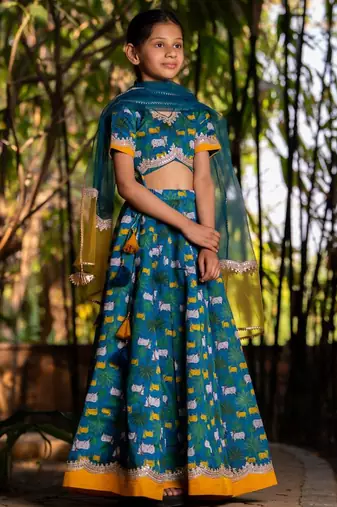Blue printed chanderi lehenga set