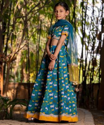 Blue printed chanderi lehenga set 4