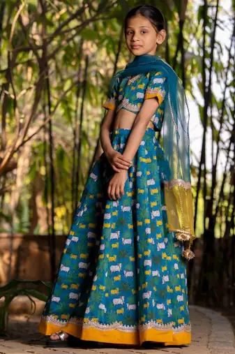Blue printed chanderi lehenga set