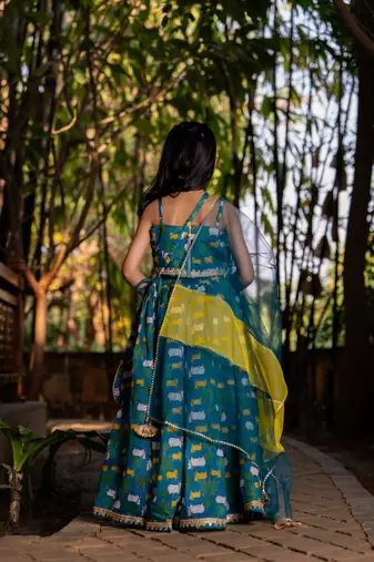 Blue printed chanderi lehenga set