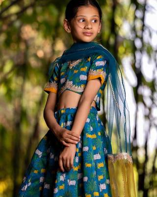Blue printed chanderi lehenga set 5