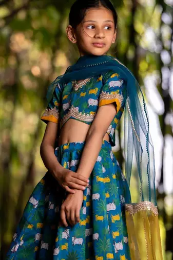 Blue printed chanderi lehenga set