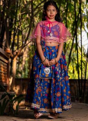 Blue printed chanderi lehenga set 1