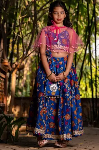 Blue printed chanderi lehenga set