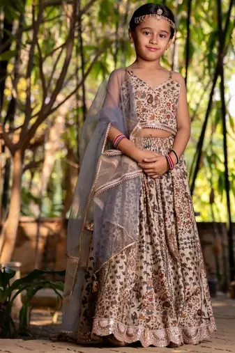 Brown printed chanderi lehenga set