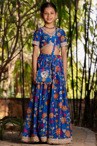 Blue printed cotton lehenga set