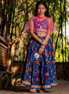 Blue printed chanderi lehenga set 2