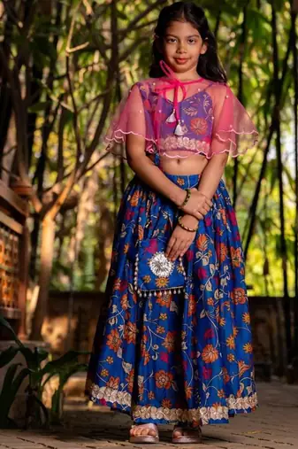 Blue printed chanderi lehenga set