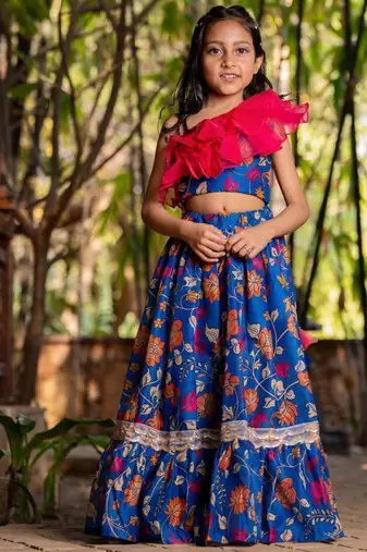 Blue printed chanderi lehenga set