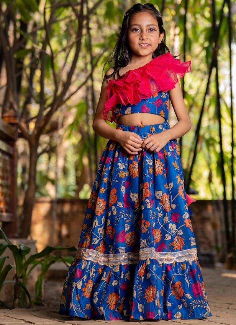 Blue printed chanderi lehenga set