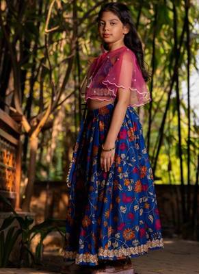 Blue printed chanderi lehenga set 3
