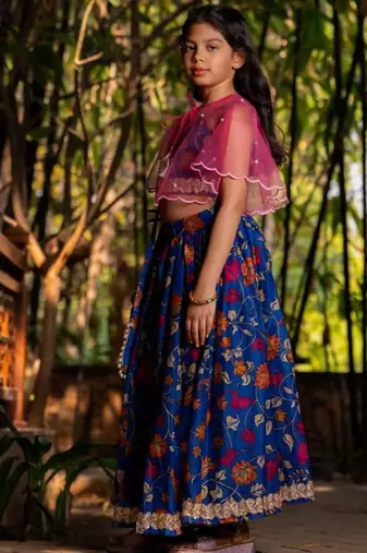 Blue printed chanderi lehenga set