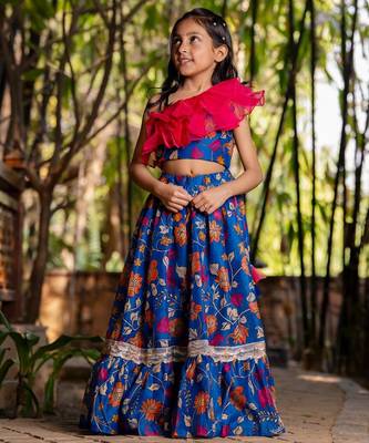 Blue printed chanderi lehenga set 2