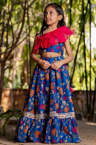 Blue printed chanderi lehenga set