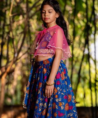 Blue printed chanderi lehenga set 4