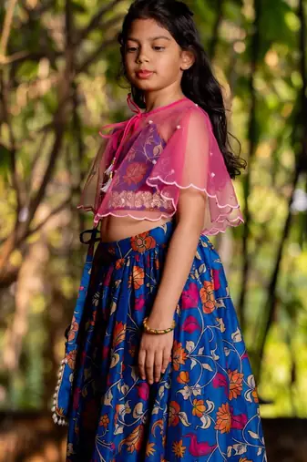 Blue printed chanderi lehenga set