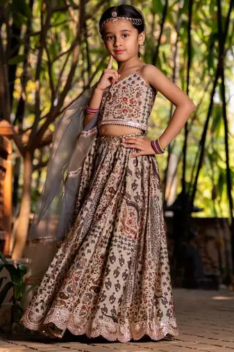 Brown printed chanderi lehenga set