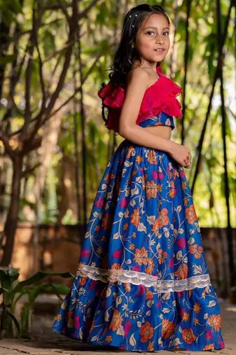 Blue printed chanderi lehenga set