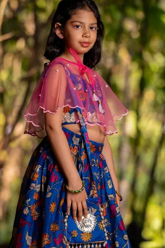 Blue printed chanderi lehenga set
