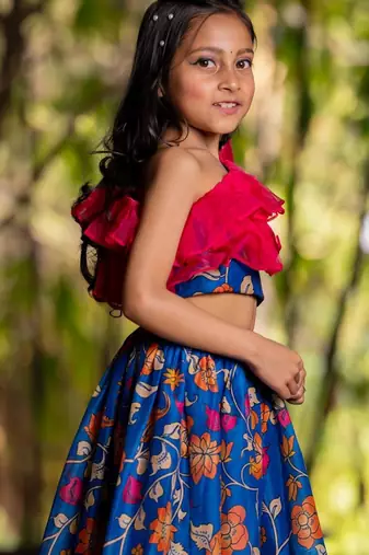 Blue printed chanderi lehenga set