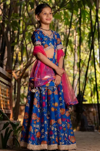 Blue printed cotton lehenga set