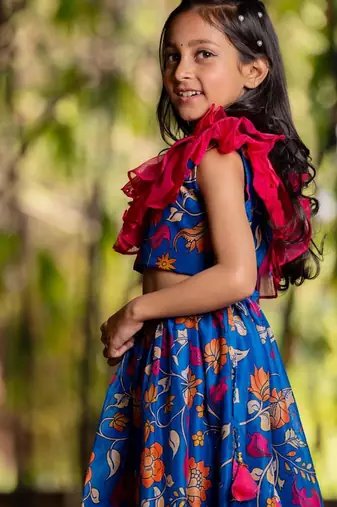 Blue printed chanderi lehenga set