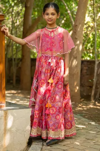 Pink printed cotton lehenga set