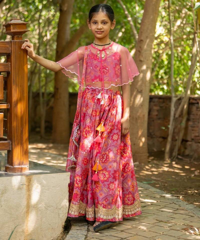 Pink printed cotton lehenga set