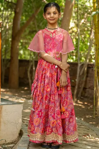 Pink printed cotton lehenga set