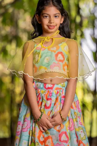 Multicolor printed chanderi lehenga set
