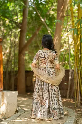 Multicolor printed chanderi lehenga set
