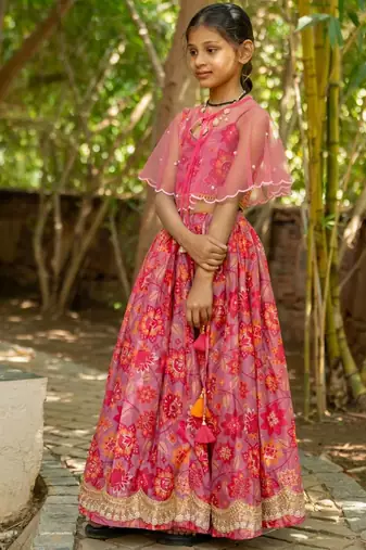 Pink printed cotton lehenga set