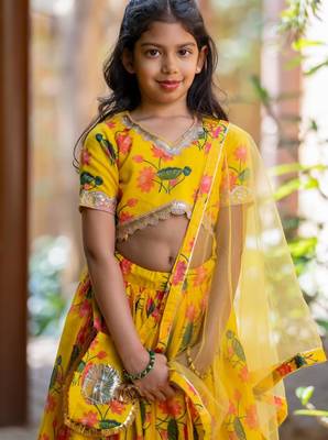 Yellow printed chanderi lehenga set 1