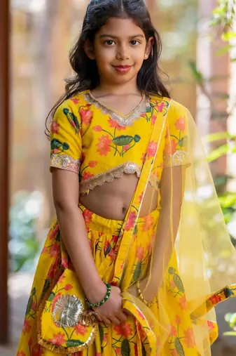 Yellow printed chanderi lehenga set