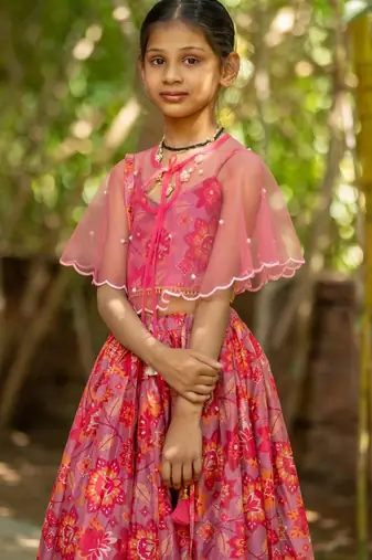 Pink printed cotton lehenga set