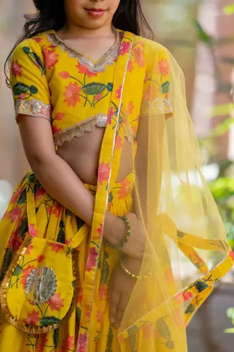 Yellow printed chanderi lehenga set
